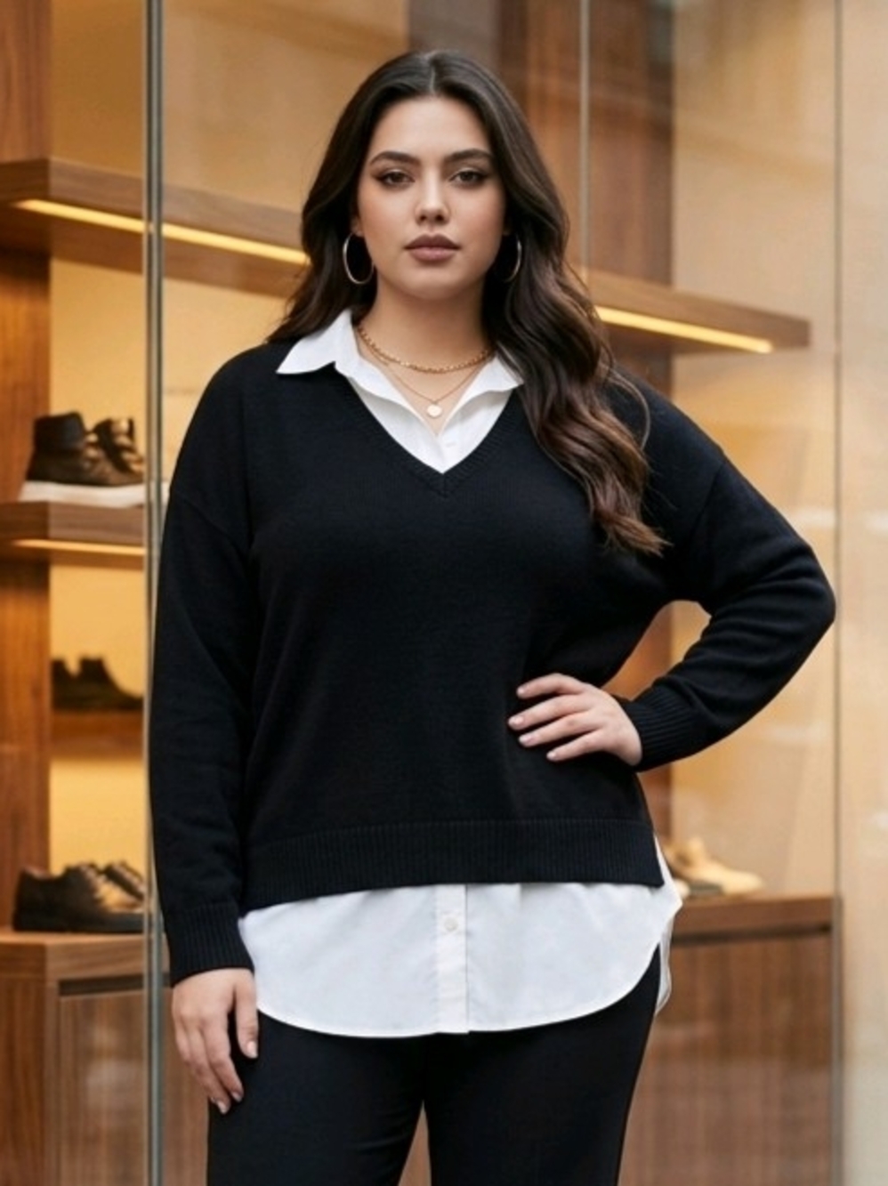 Lauren Ralph Lauren Black V-Neck Twofer Sweater Built-In White Collared Shirt XL